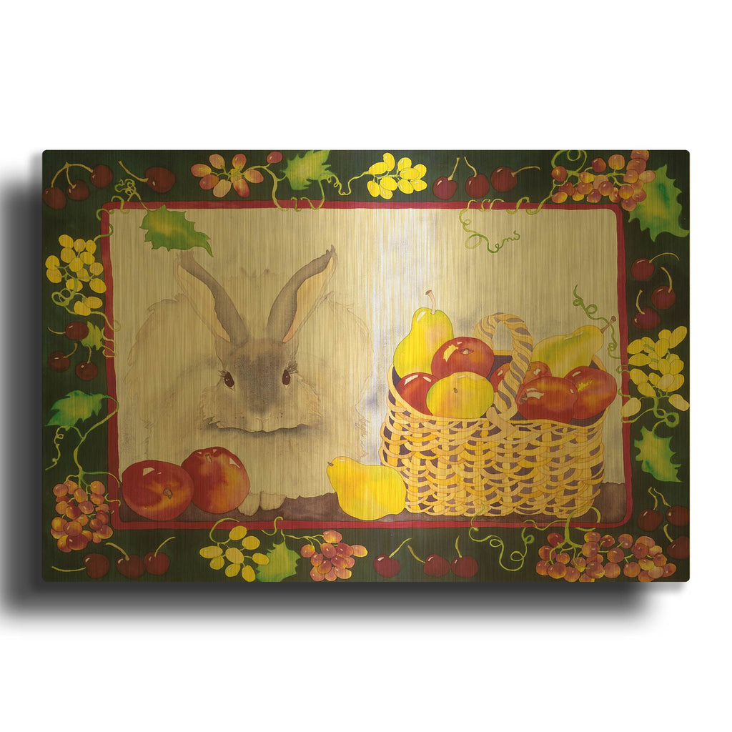 'Bunny with Fruit Basket' By Carissa Luminess Gold Metal Wall Art