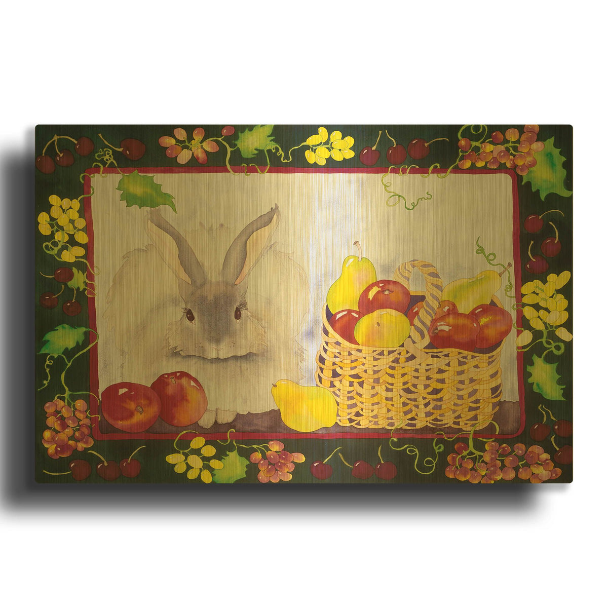 'Bunny with Fruit Basket' By Carissa Luminess Gold Metal Wall Art