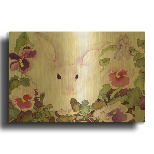 'Bunny with Pansies' By Carissa Luminess Gold Metal Wall Art