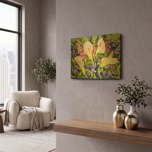 'Callas with Irises' By Carissa Luminess Gold Metal Wall Art