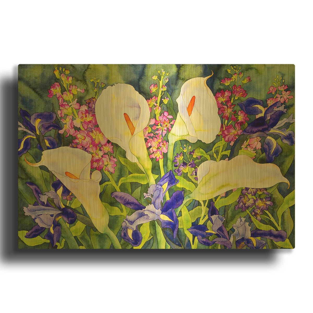 'Callas with Irises' By Carissa Luminess Gold Metal Wall Art