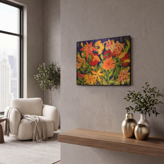 'Lilies and Gerbers' By Carissa Luminess Gold Metal Wall Art
