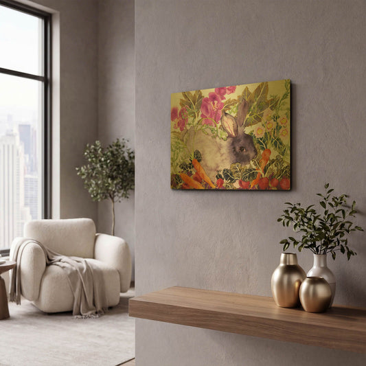 'Rabbit with Carrots' By Carissa Luminess Gold Metal Wall Art