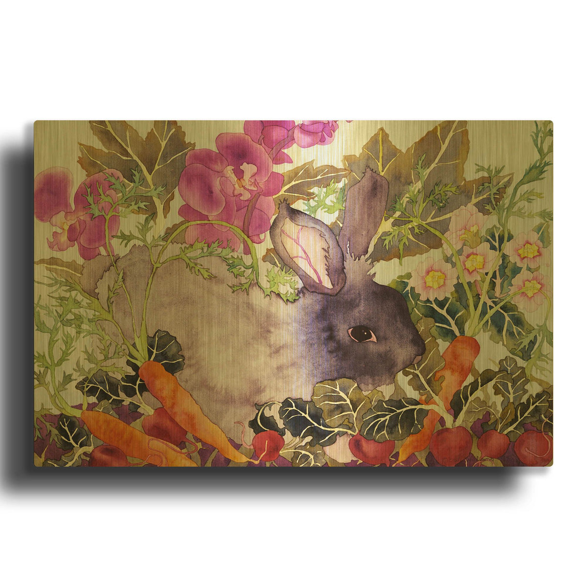 'Rabbit with Carrots' By Carissa Luminess Gold Metal Wall Art