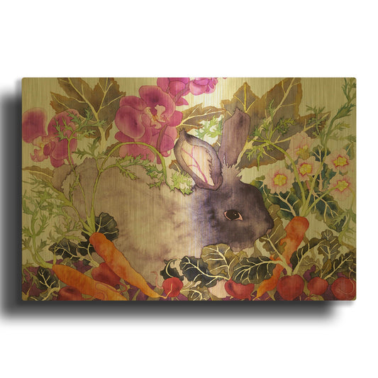 'Rabbit with Carrots' By Carissa Luminess Gold Metal Wall Art
