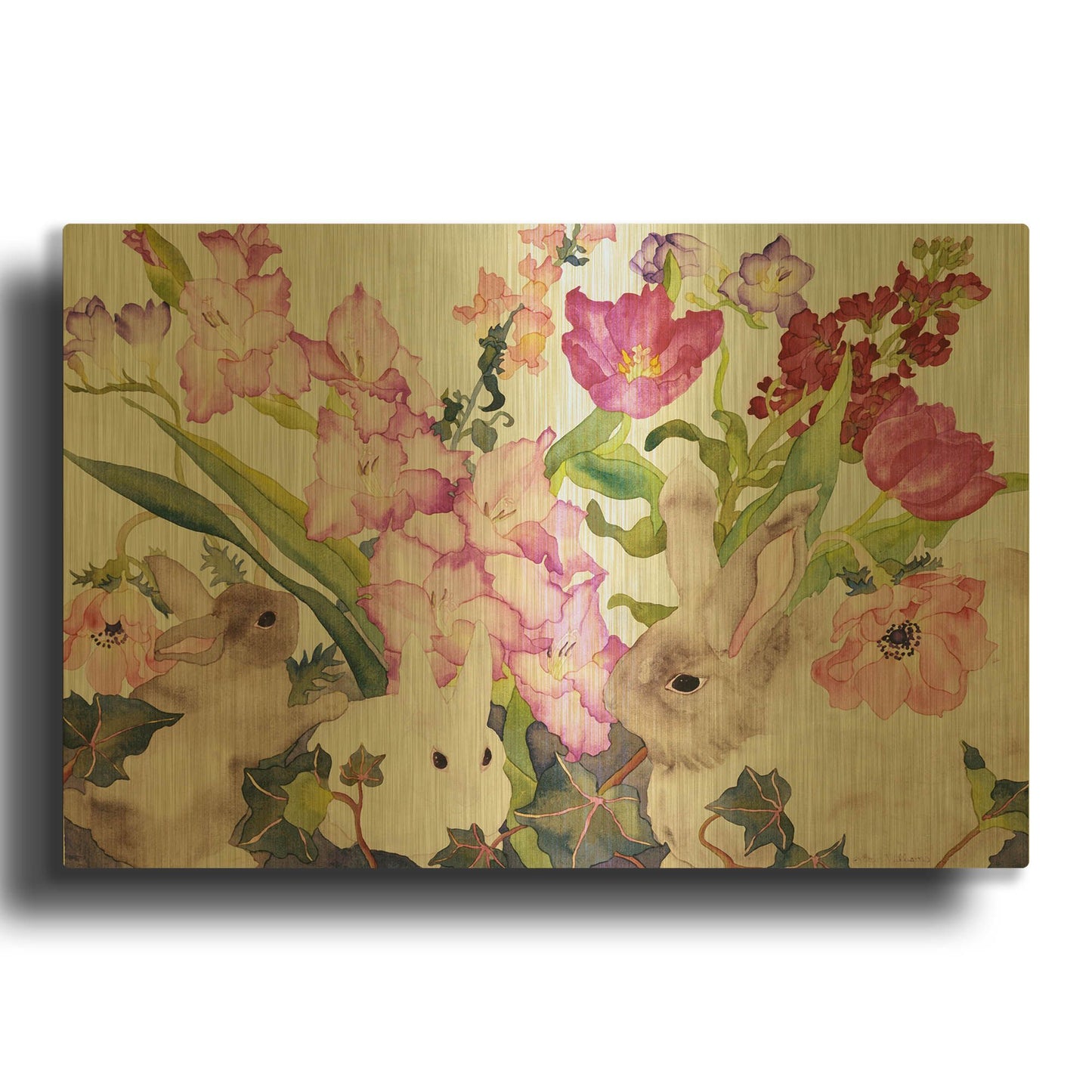 'Three Bunnies' By Carissa Luminess Gold Metal Wall Art