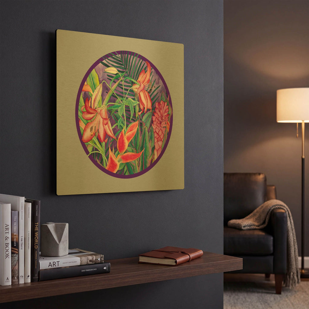 'Tropical Rain - Circle' By Carissa Luminess Gold Metal Wall Art