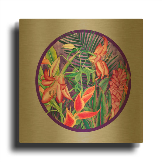 'Tropical Rain - Circle' By Carissa Luminess Gold Metal Wall Art