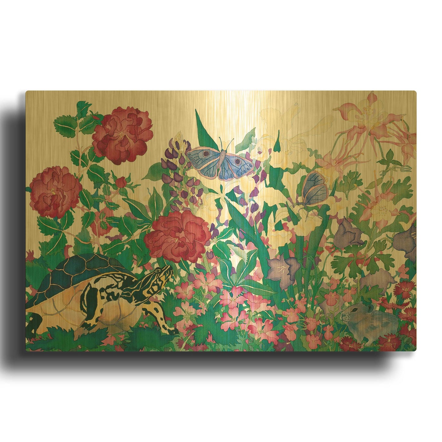 'Turtle With Butterfly' By Carissa Luminess Gold Metal Wall Art