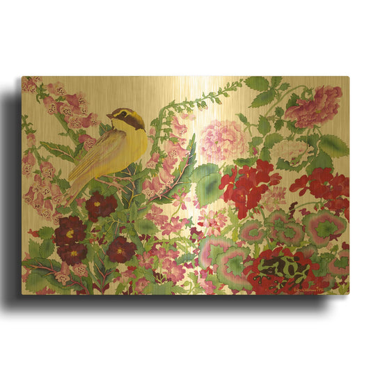 'Warbler With Frog' By Carissa Luminess Gold Metal Wall Art