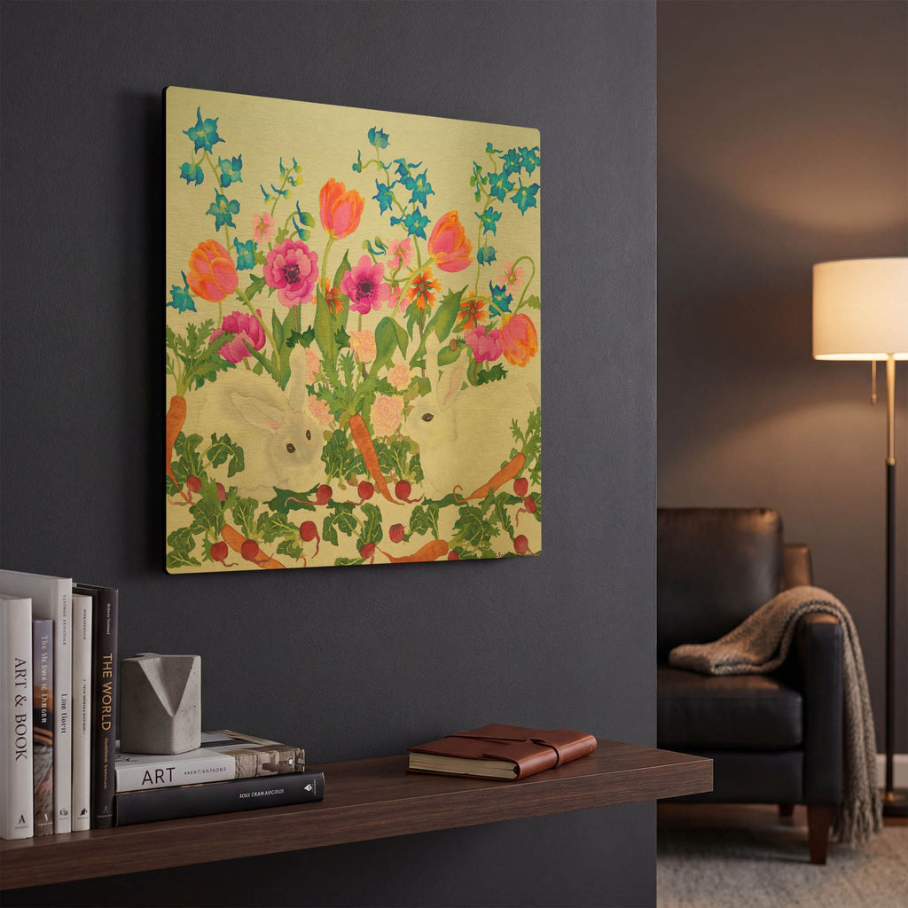 'Rabbits And Carrot - Square' By Carissa Luminess Gold Metal Wall Art