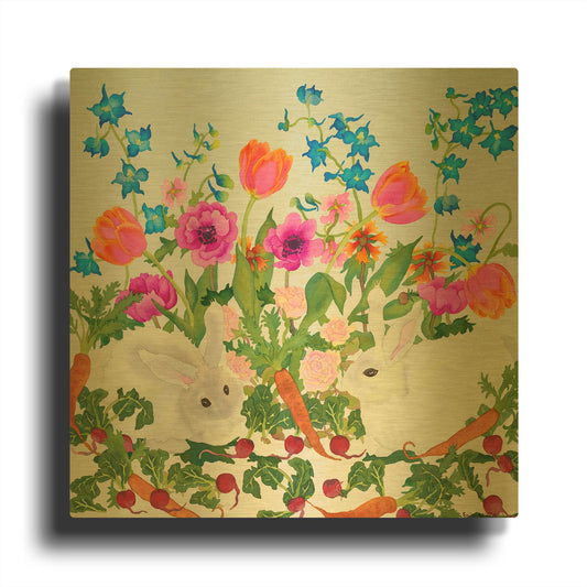 'Rabbits And Carrot - Square' By Carissa Luminess Gold Metal Wall Art