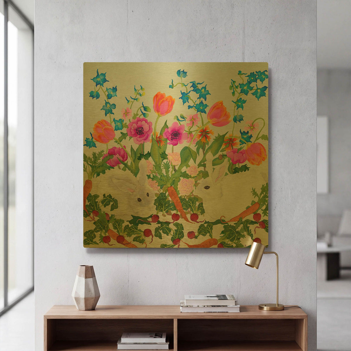 'Rabbits And Carrot - Square' By Carissa Luminess Gold Metal Wall Art