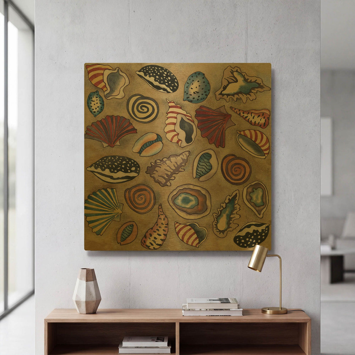 'Sea Shells- Square' By Carissa Luminess Gold Metal Wall Art