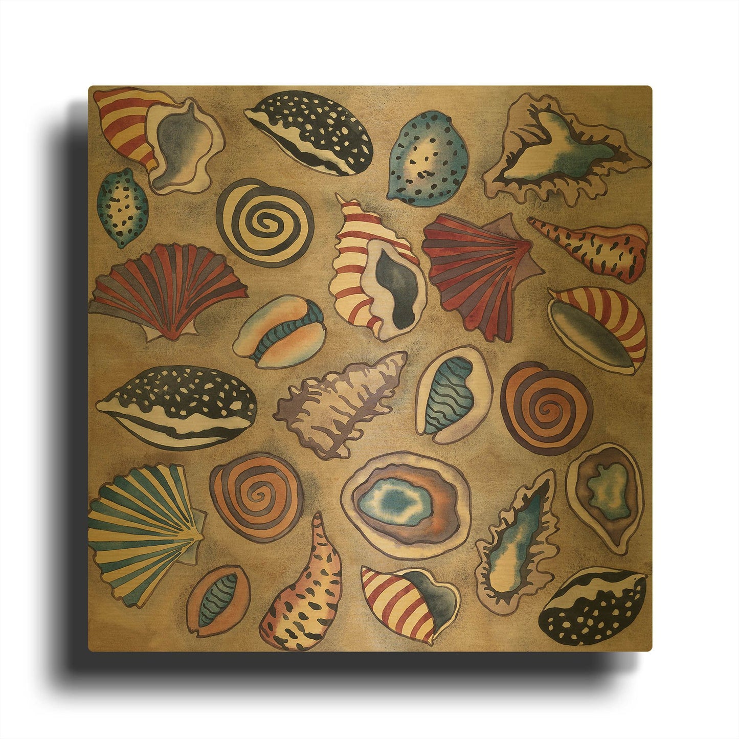 'Sea Shells- Square' By Carissa Luminess Gold Metal Wall Art