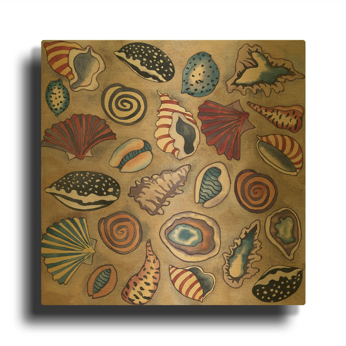 'Sea Shells- Square' By Carissa Luminess Gold Metal Wall Art
