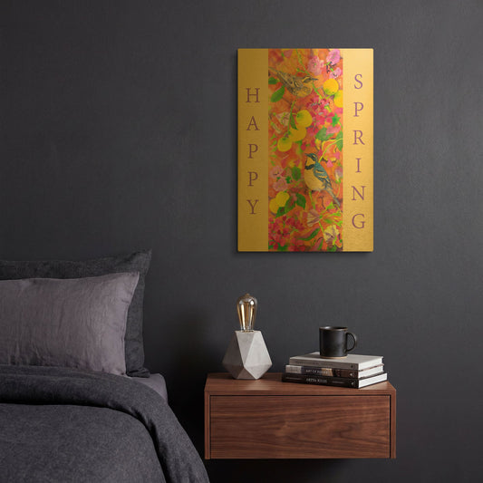 'Varied Thrushes Happy Spring' By Carissa Luminess Gold Metal Wall Art