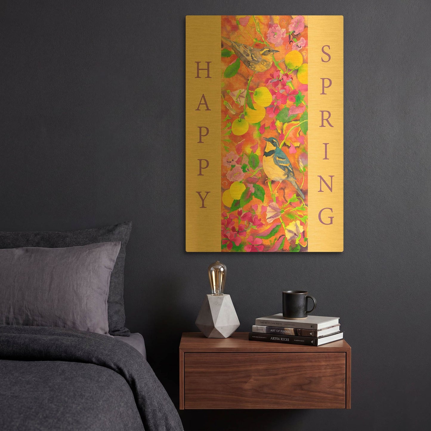 'Varied Thrushes Happy Spring' By Carissa Luminess Gold Metal Wall Art