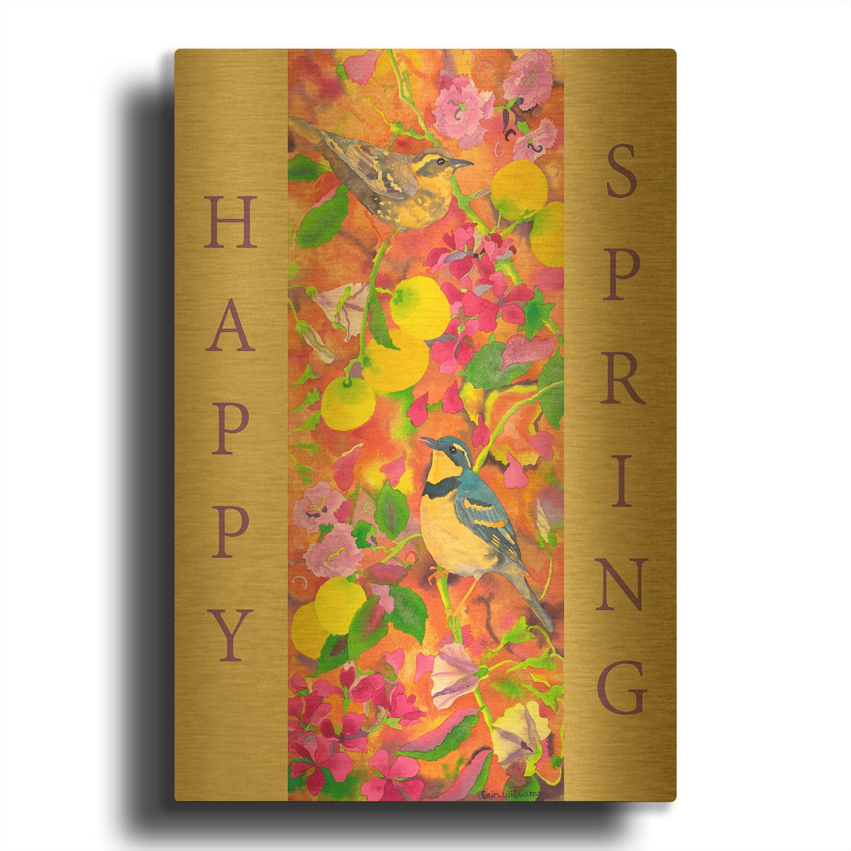 'Varied Thrushes Happy Spring' By Carissa Luminess Gold Metal Wall Art