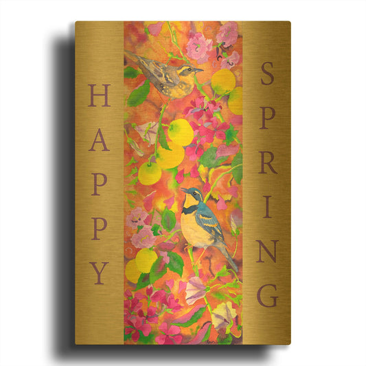 'Varied Thrushes Happy Spring' By Carissa Luminess Gold Metal Wall Art