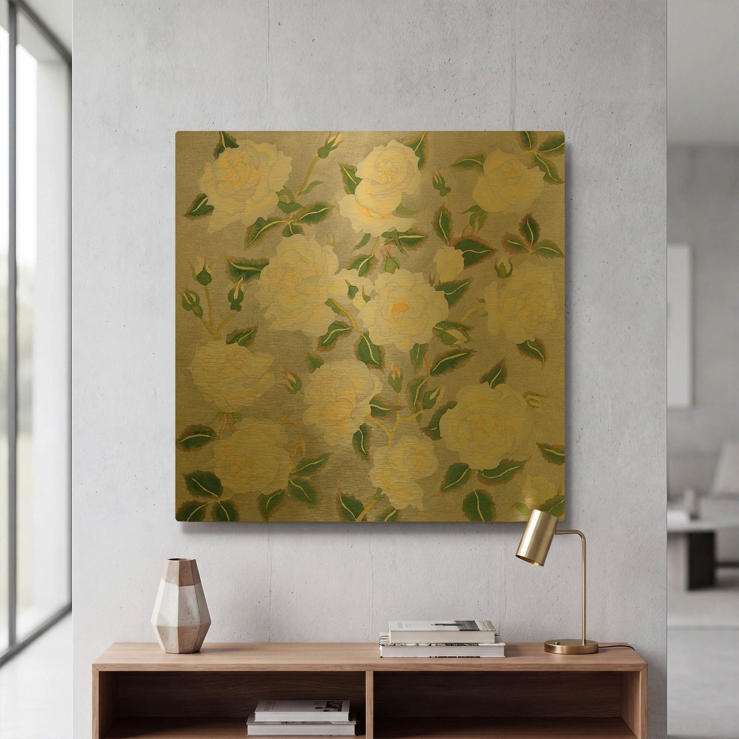 'White Roses- Square' By Carissa Luminess Gold Metal Wall Art