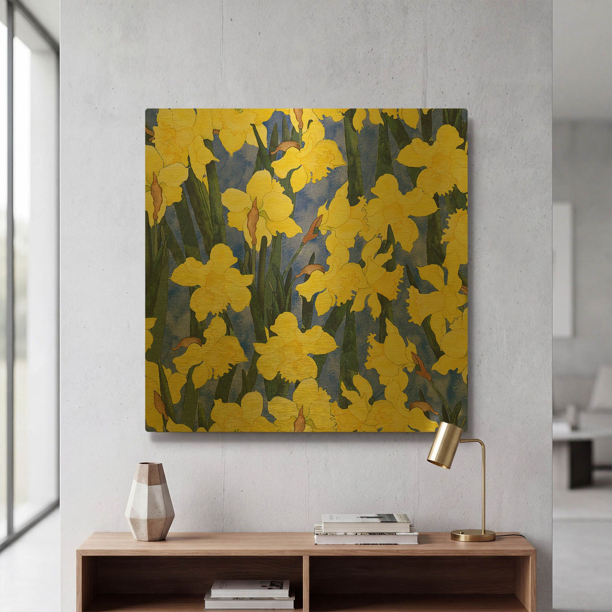 'Fertile Rising Pattern - Daffodils' By Carissa Luminess Gold Metal Wall Art