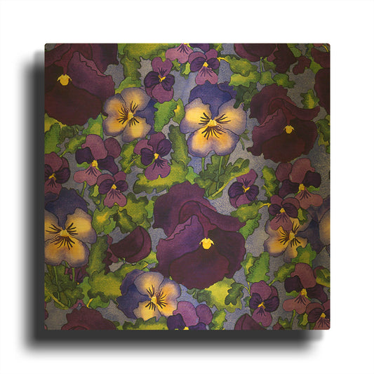 'Fertile Rising Pattern - Pansies' By Carissa Luminess Gold Metal Wall Art