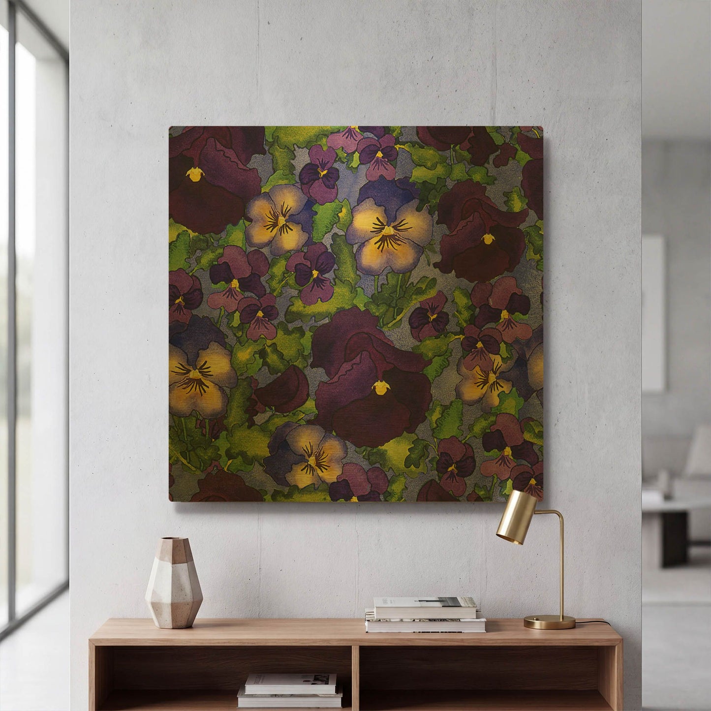 'Fertile Rising Pattern - Pansies' By Carissa Luminess Gold Metal Wall Art