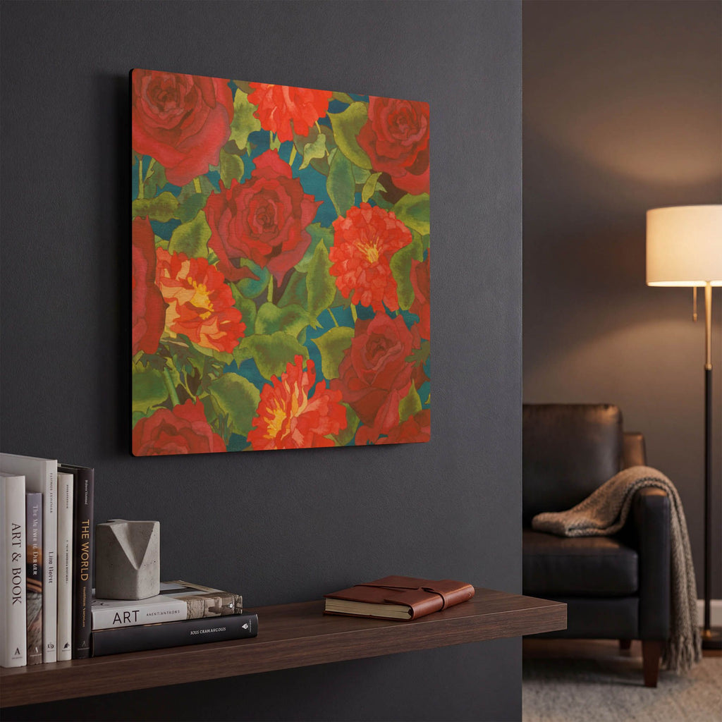 'Dance Of Love- Roses & Zinnias' By Carissa Luminess Gold Metal Wall Art