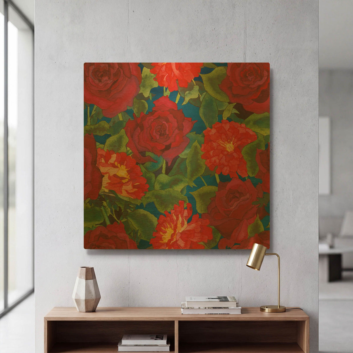 'Dance Of Love- Roses & Zinnias' By Carissa Luminess Gold Metal Wall Art