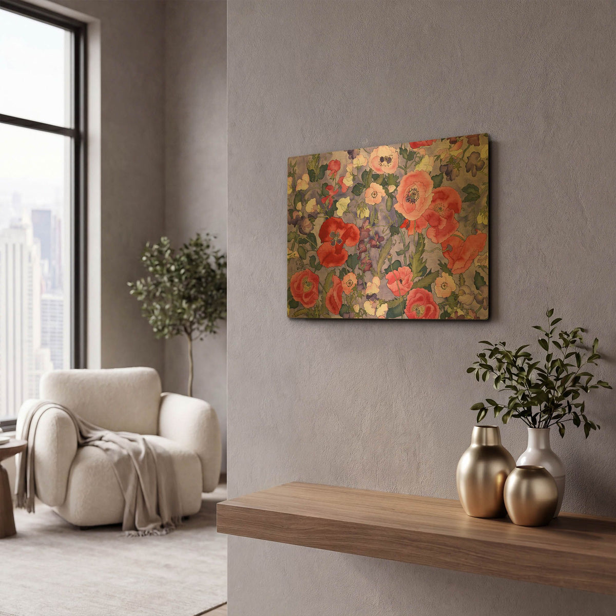 'Poppies & Sweet Peas Pattern-Light' By Carissa Luminess Gold Metal Wall Art