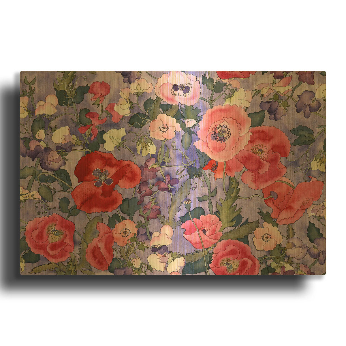 'Poppies & Sweet Peas Pattern-Light' By Carissa Luminess Gold Metal Wall Art