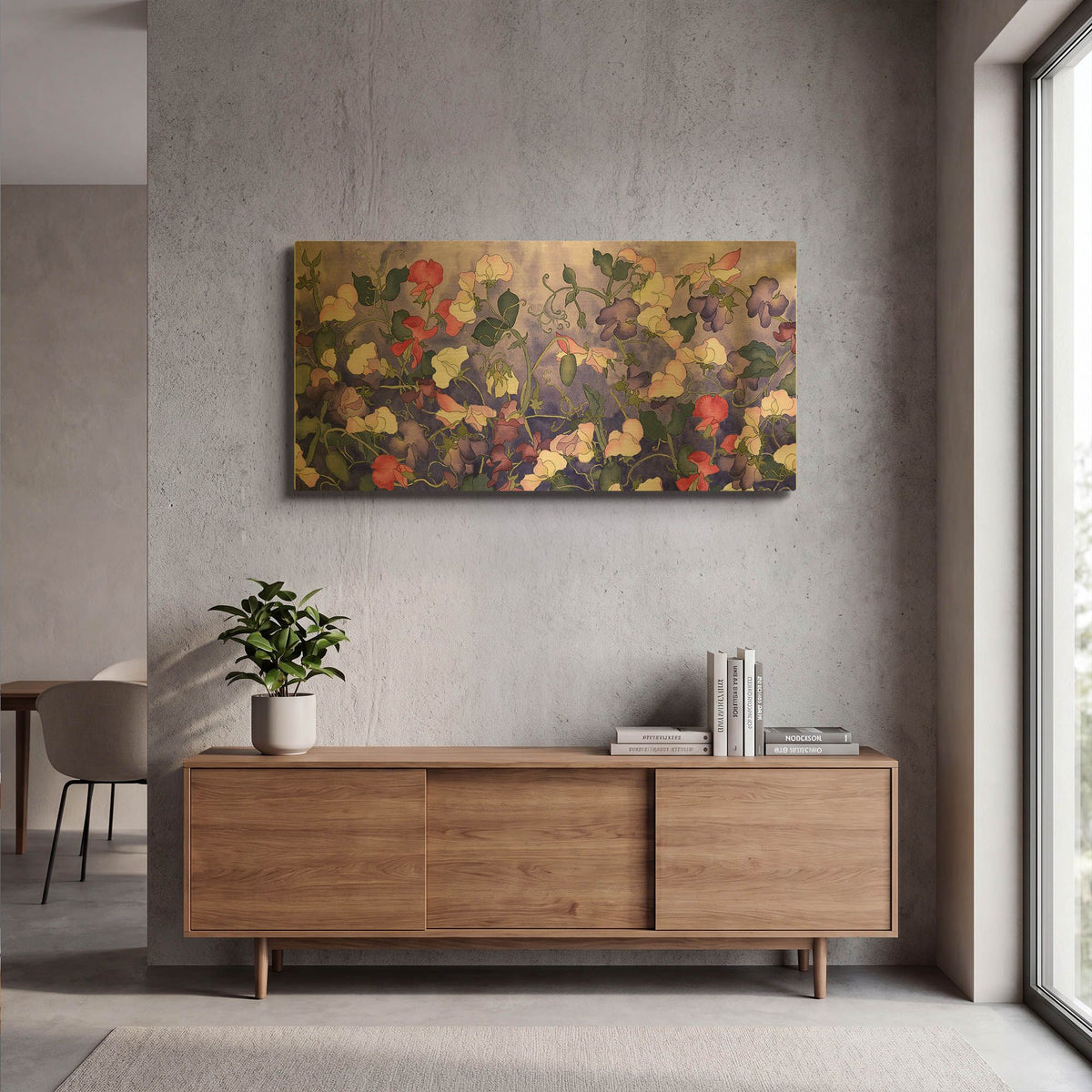 'Poppies & Sweet Peas- Run On Pattern' By Carissa Luminess Gold Metal Wall Art