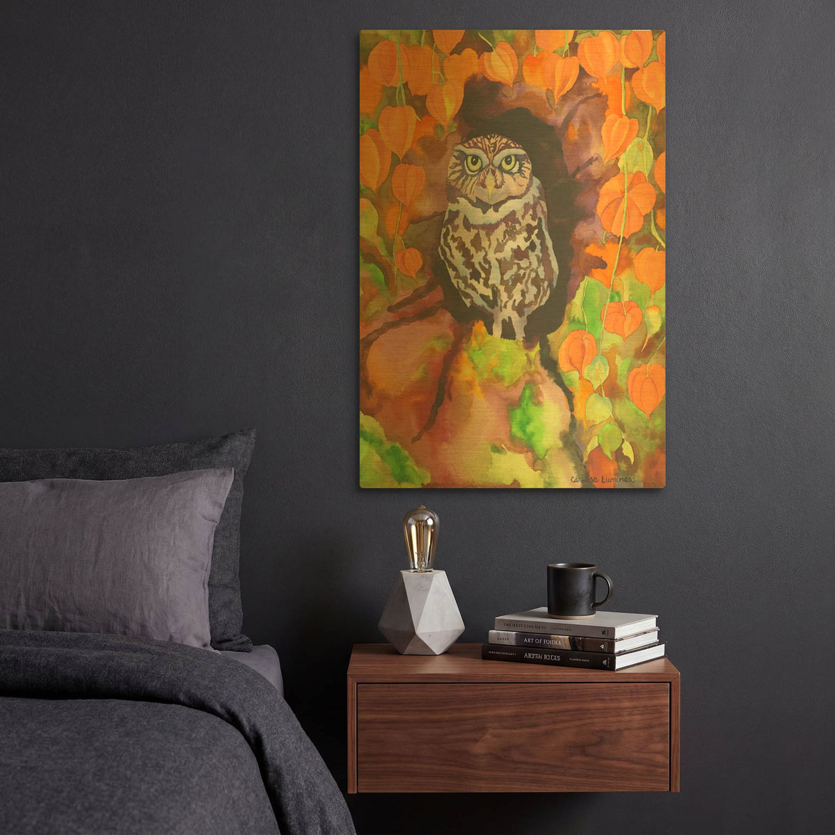 'Owl with Asian Lanterns' By Carissa Luminess Gold Metal Wall Art