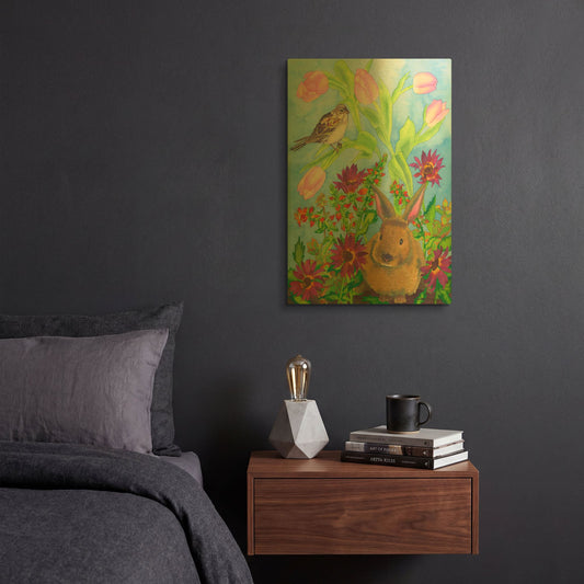 'Bunny and Sparrow' By Carissa Luminess Gold Metal Wall Art