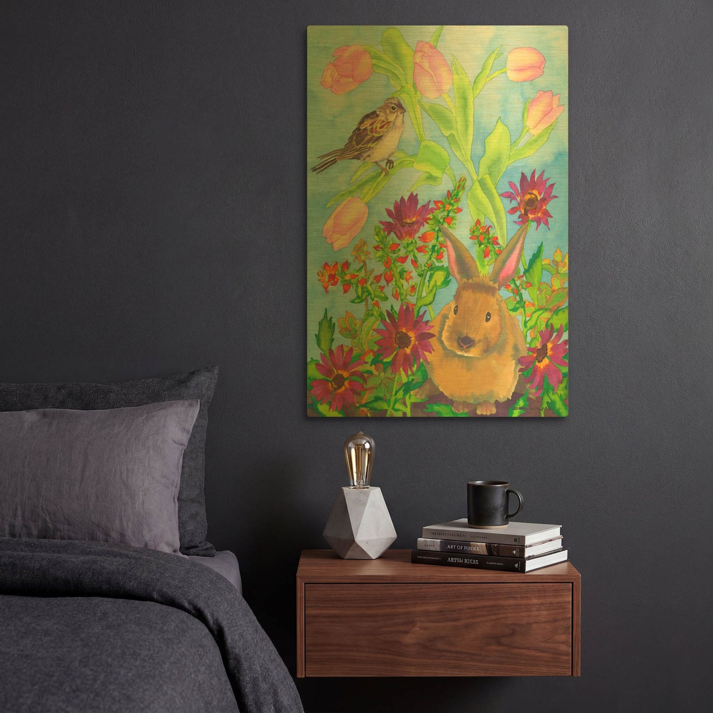 'Bunny and Sparrow' By Carissa Luminess Gold Metal Wall Art