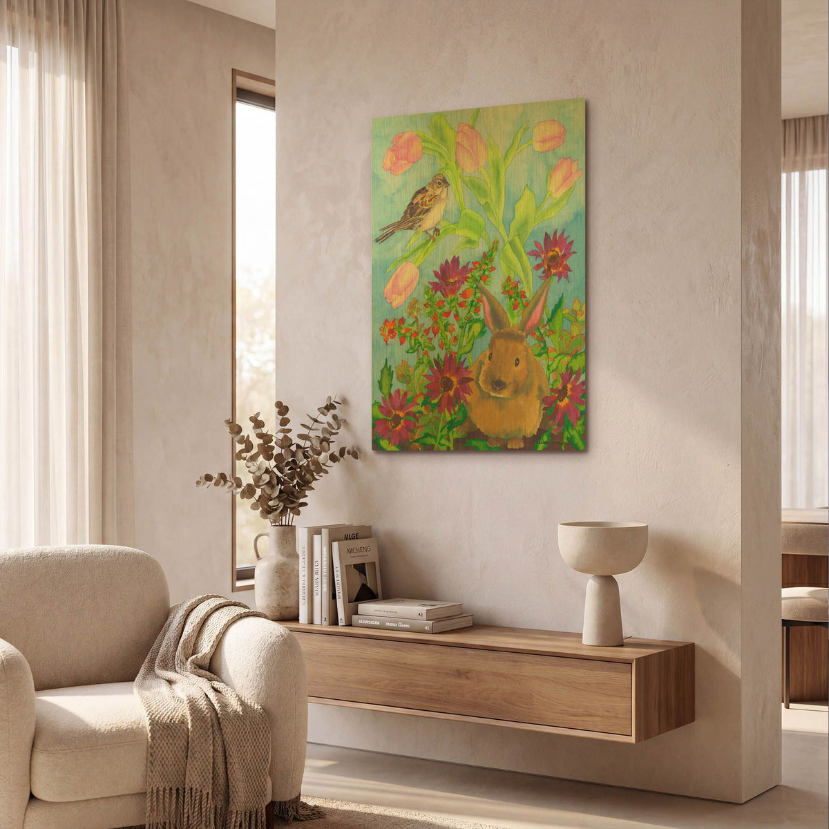 'Bunny and Sparrow' By Carissa Luminess Gold Metal Wall Art