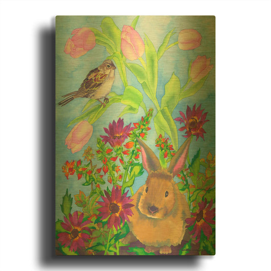 'Bunny and Sparrow' By Carissa Luminess Gold Metal Wall Art