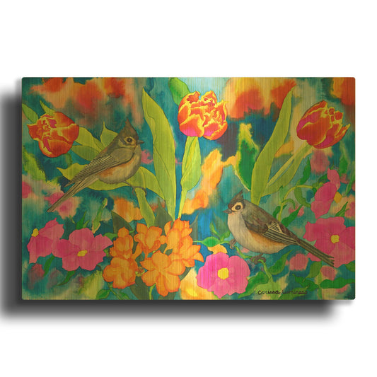 'Titmouses and Tulips' By Carissa Luminess Gold Metal Wall Art