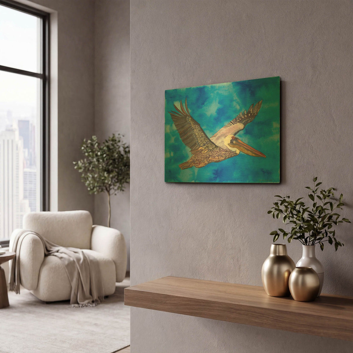 'Flying Pelican' By Carissa Luminess Gold Metal Wall Art