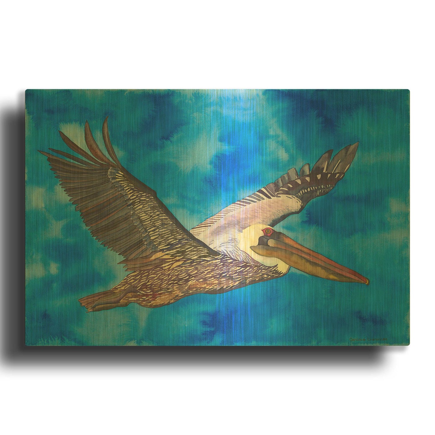 'Flying Pelican' By Carissa Luminess Gold Metal Wall Art
