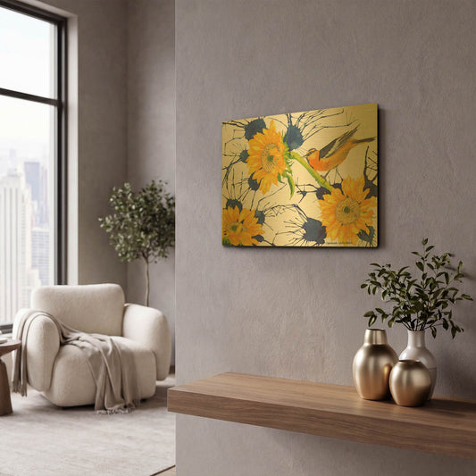 'Oriole with Sunflowers' By Carissa Luminess Gold Metal Wall Art