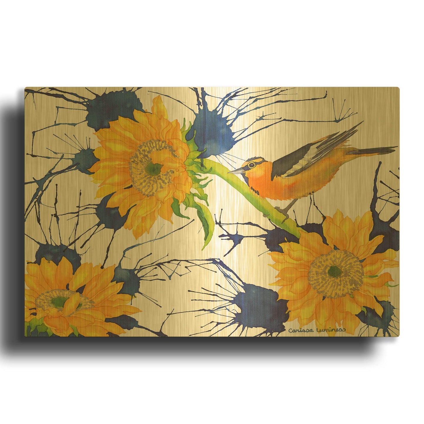'Oriole with Sunflowers' By Carissa Luminess Gold Metal Wall Art