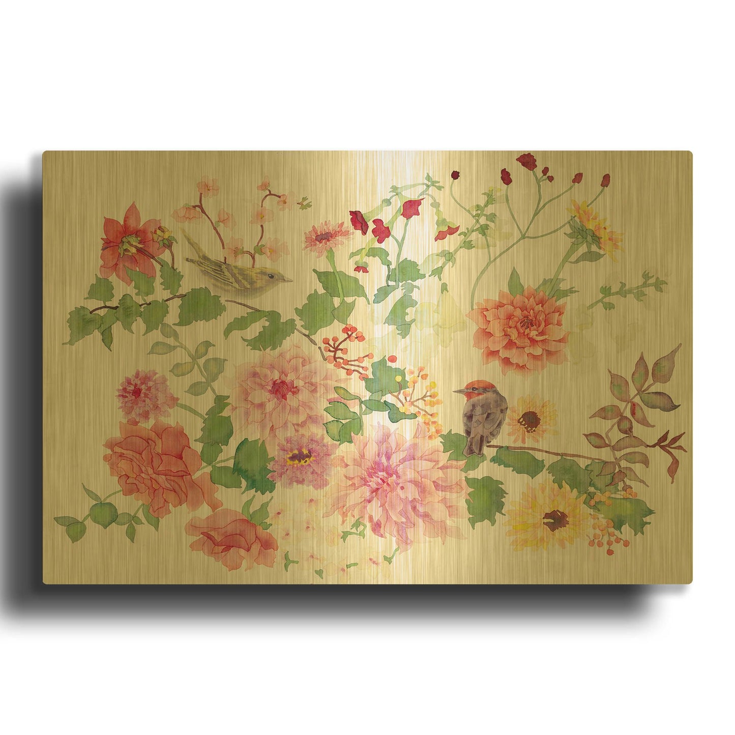 'Songbirds With Dhalias' By Carissa Luminess Gold Metal Wall Art