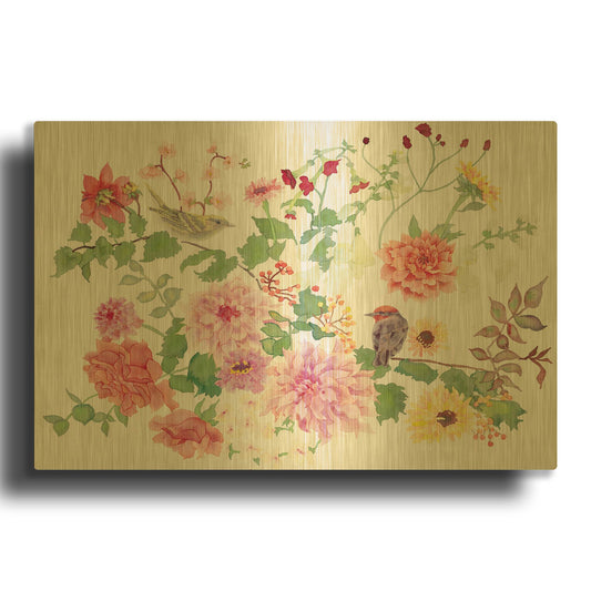 'Songbirds With Dhalias' By Carissa Luminess Gold Metal Wall Art
