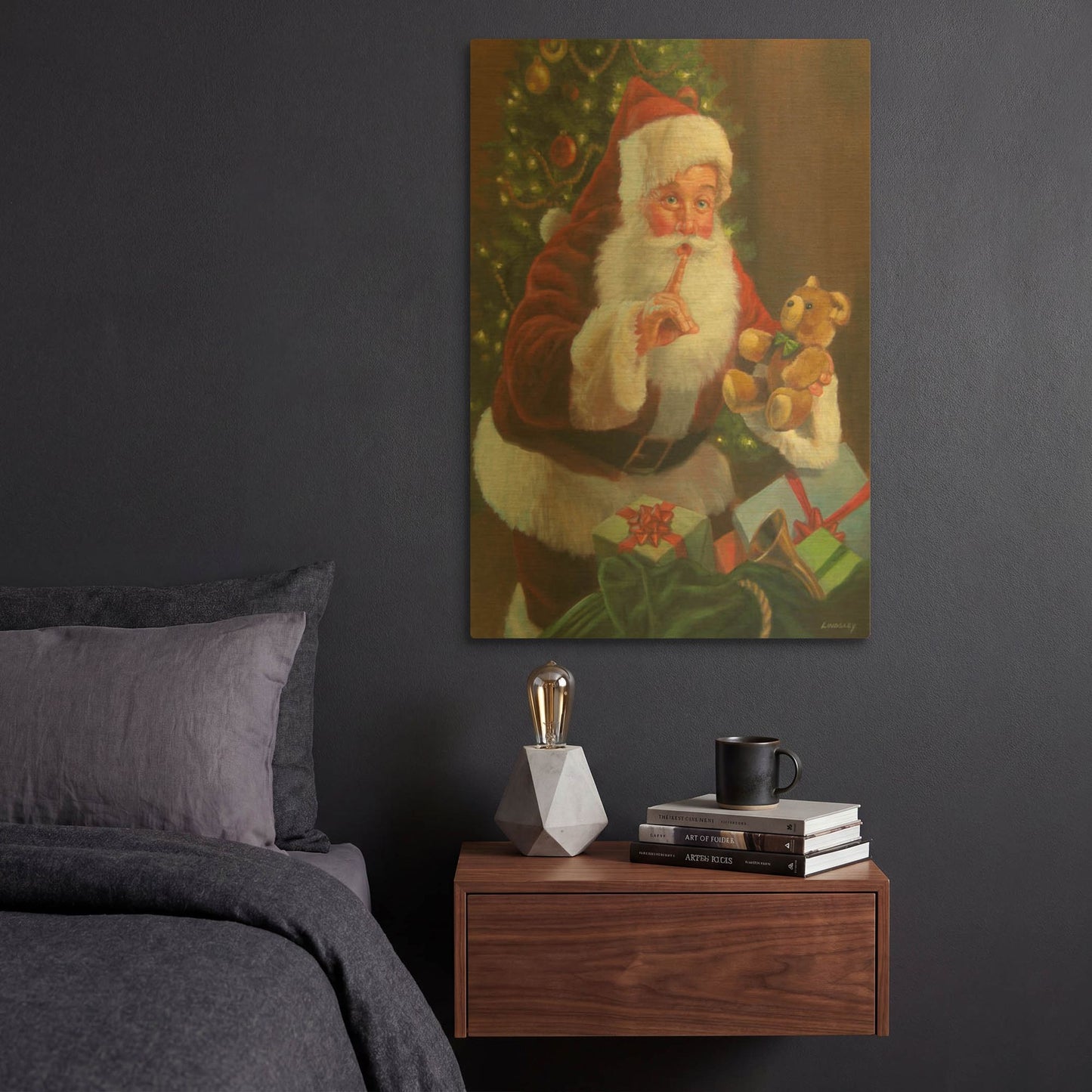 'Santa With Teddy Bear' By David Lindsley Gold Metal Wall Art