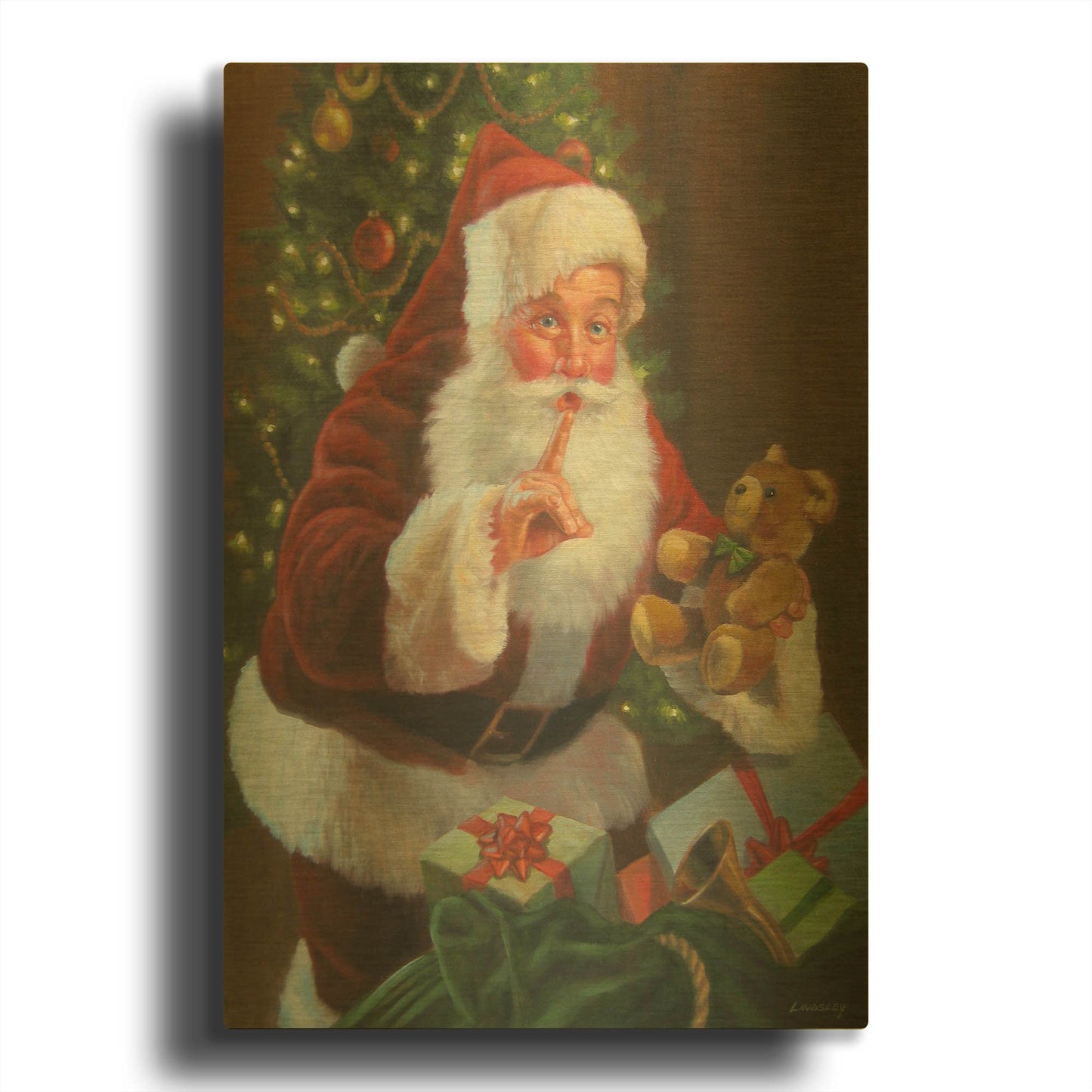 'Santa With Teddy Bear' By David Lindsley Gold Metal Wall Art
