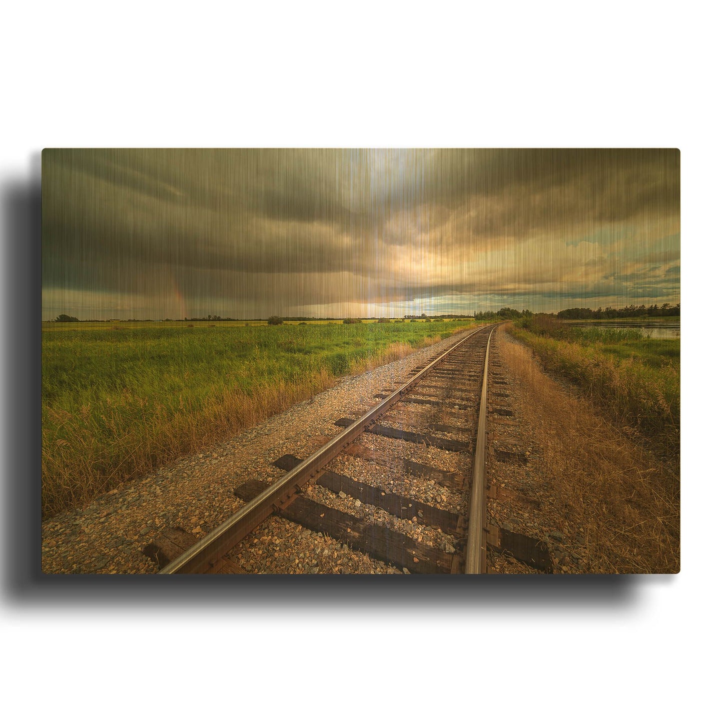 'Train Track Sunset 1' By Joe Reimer Photography Gold Metal Wall Art