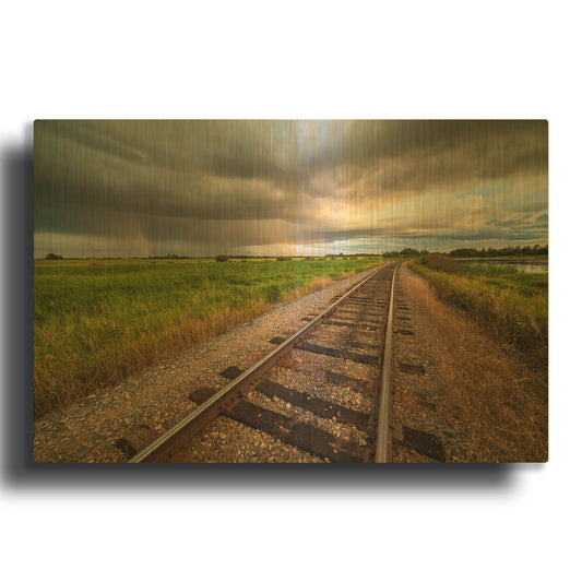 'Train Track Sunset 1' By Joe Reimer Photography Gold Metal Wall Art