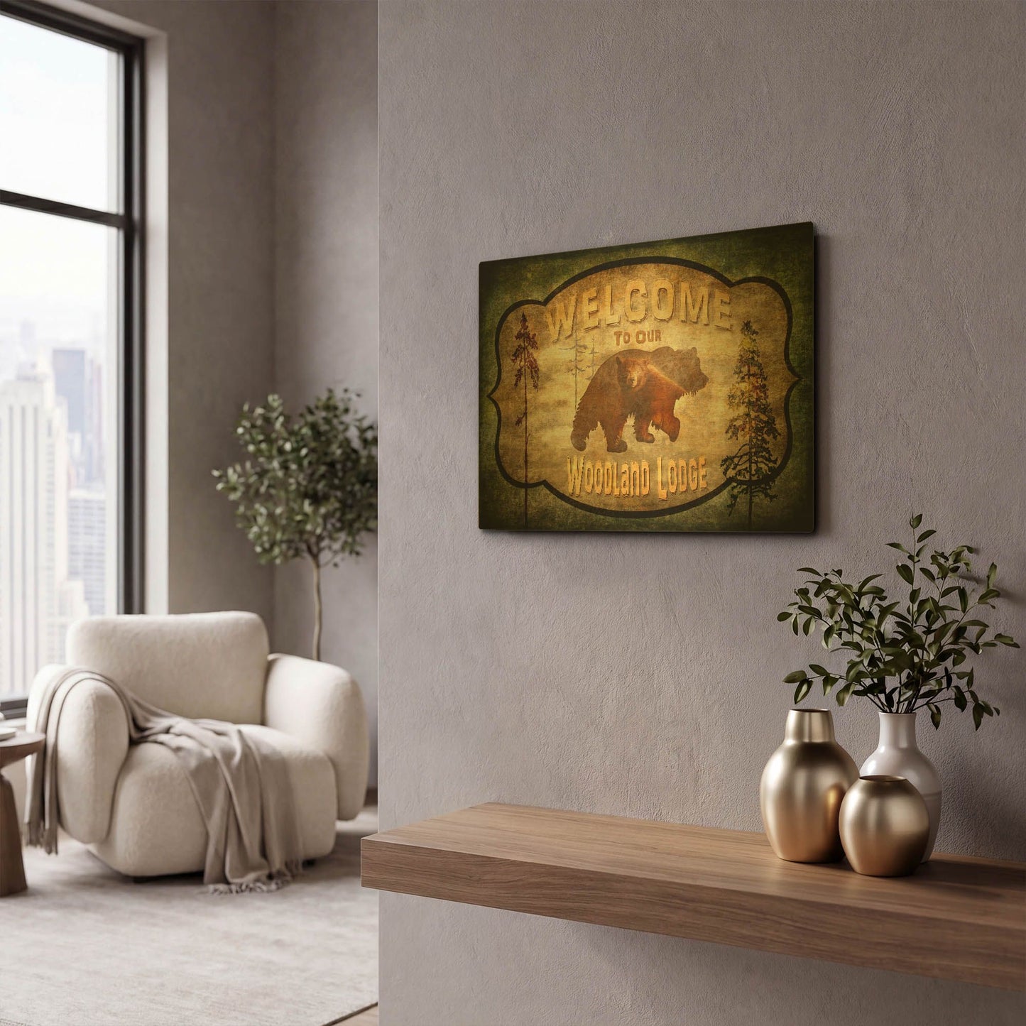 'Welcome Lodge Bear' By Lightbox Journal Gold Metal Wall Art